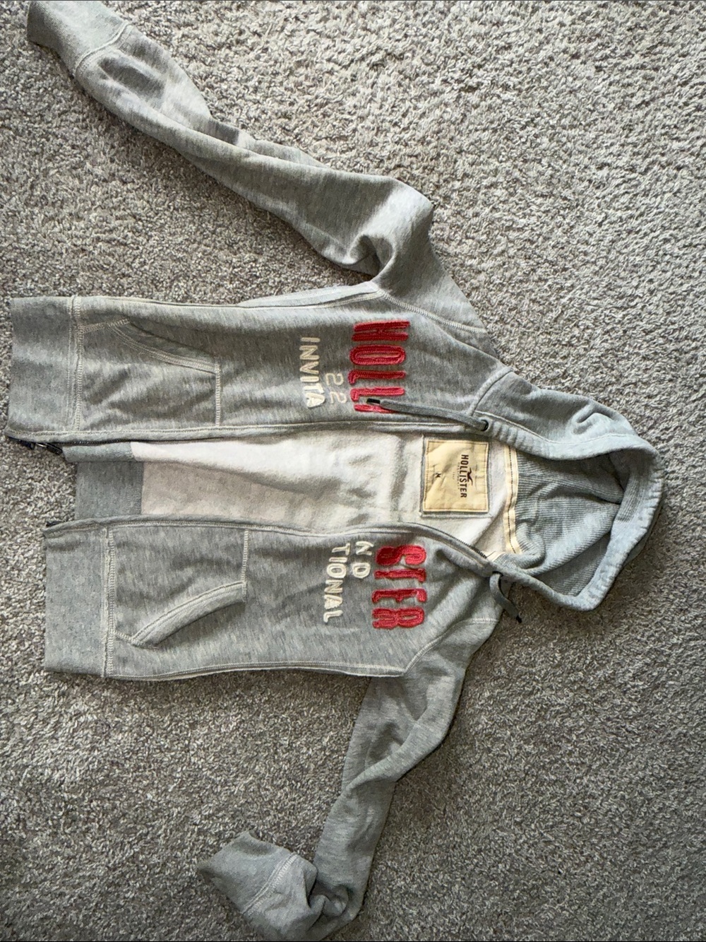 Hollister Kids Light Gray Hooded Zip Jacket with Red Logo